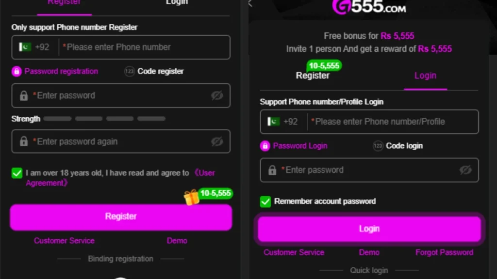 G555 game login and register 2026